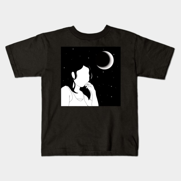 MINIMALIST PORTRAIT FACELESS GIRL MOON AND STARS BLACK AND WHITE Kids T-Shirt by Mirai Designs